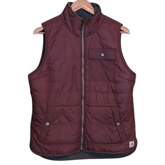 Women's Carhartt Reversible Rain & Wind Resistant Quilted Fleece Vest Wine Med - Picture 2 of 15